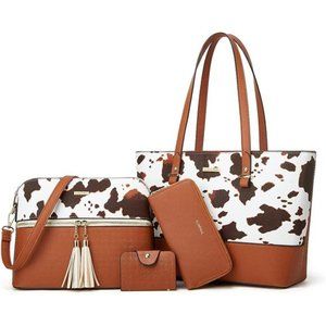 4 Pcs Women Fashion Handbags Wallet Tote Bag Shoulder Bag Satchel Purse Cow